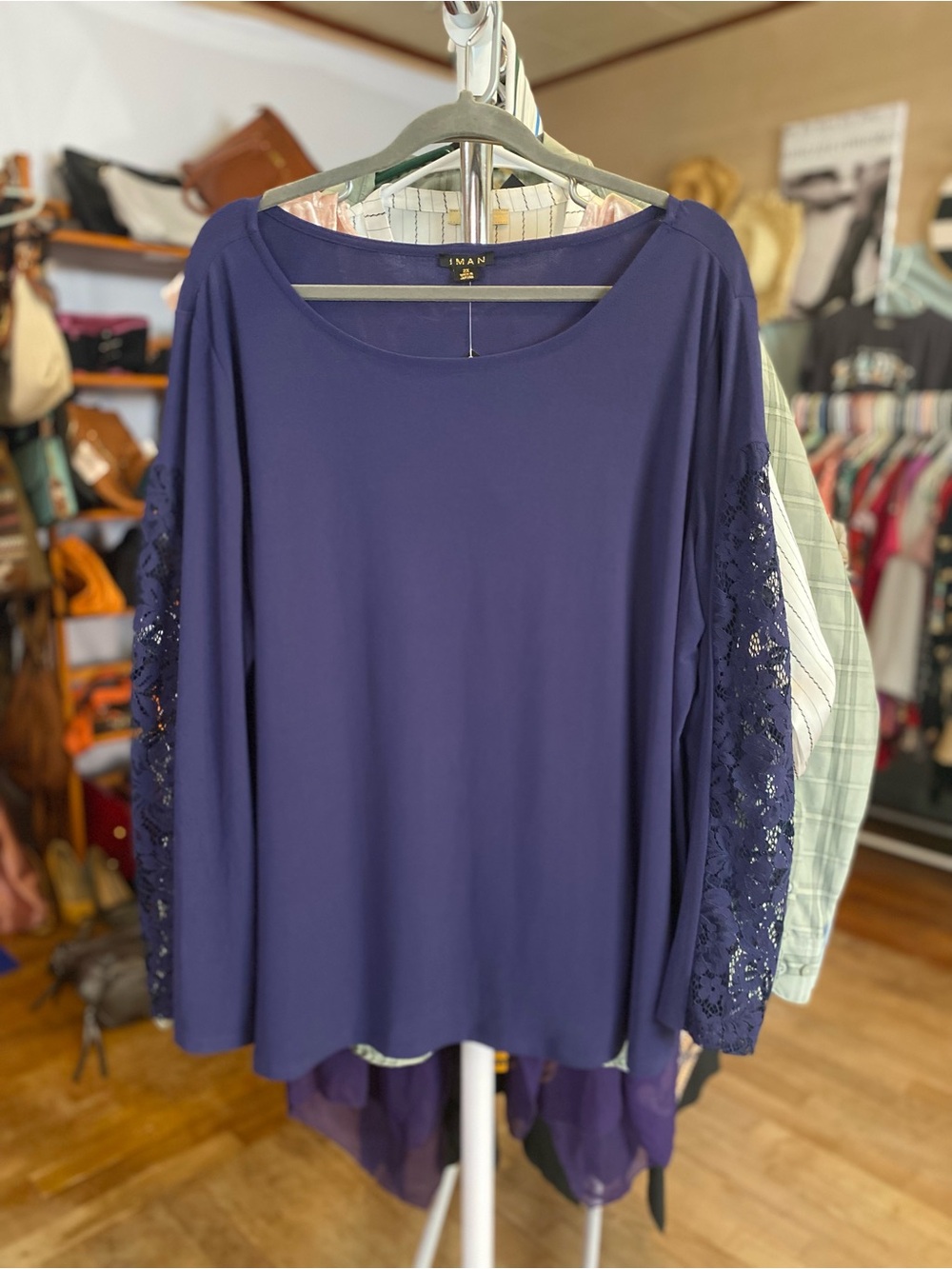 IMAN Navy Blue Long-Sleeve Top with Lace Sleeves